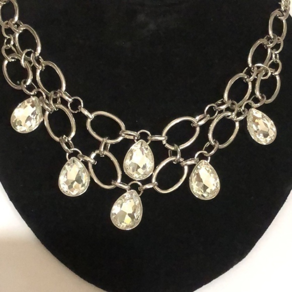 Silver Tone Crystal Teardrops Charm Necklace